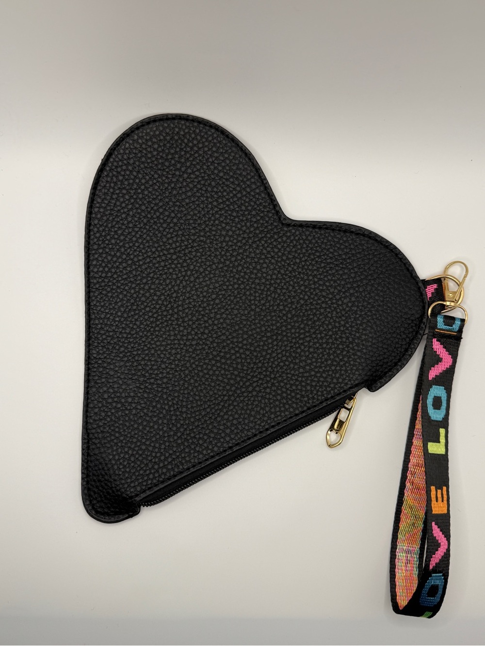 NWOT Black Heart-Shaped Wristlet Clutch with Colorful LOVE Strap